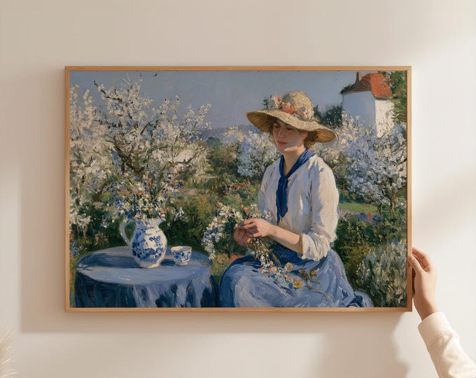 Garden Lady Wall Art Print, English Country Decor, Grandmillennial Wall Art, Blue and White Chinoiserie, Cottagecore Floral Painting