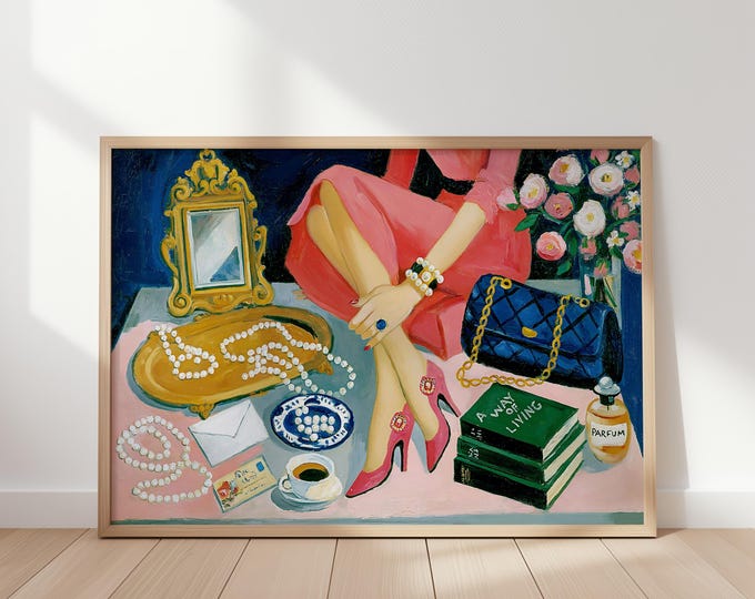 Preppy Wall Art Print, Chic Fashion Illustration, Pink Heels Painting, Feminine Room Decor, Coquette Aesthetic Art, Grandmillennial Decor