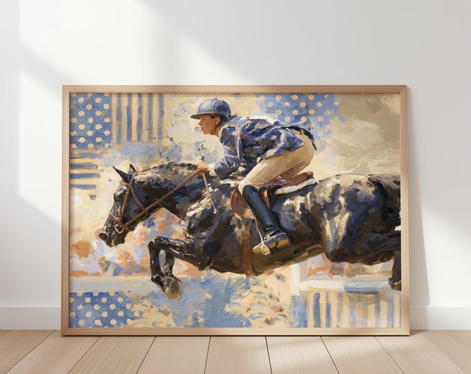 Equestrian Wall Art Print, Horse Jumping Oil Painting, Equestrian Decor, Show Jumping Art, Horse Rider Print, English Country Wall Decor