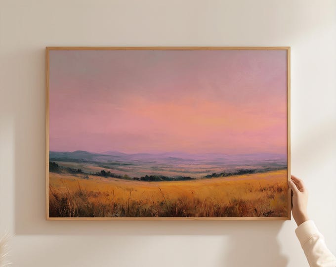 Pastel Sunset Landscape Print, Pink and Purple Sky Art, Golden Wheat Field Painting, Serene Meadow Poster, Calming Nature Wall Decor