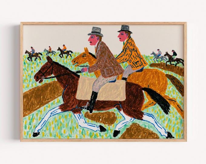 Horse Racing Wall Art Print, Equestrian Painting, Jockey Horse Race Art, Colorful Folk Art, Vintage Horse Decor, Country Farmhouse Wall Art