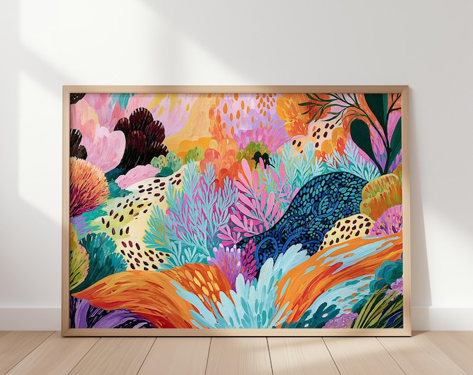 Colorful Abstract Landscape Wall Art Print, Maximalist Eclectic Home Decor, Funky Floral Painting, Vibrant Dopamine Artwork, Boho Arts