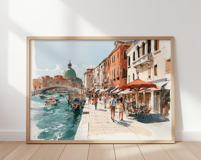Venice Italy Wall Art Print, Colorful Canal Sketch, Venetian Street Painting, European Travel Decor, Mediterranean City Artwork