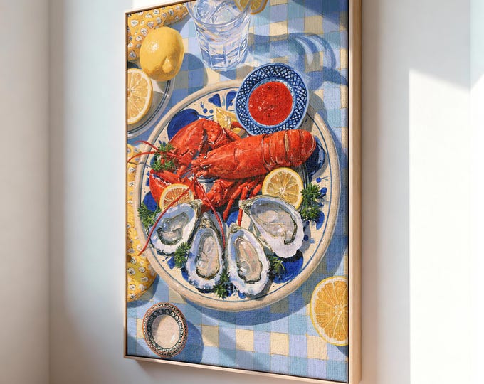 Coastal Seafood Wall Art Print, Lobster & Oyster Still Life Painting, Nautical Kitchen Decor, Mediterranean Dinner Canvas Art