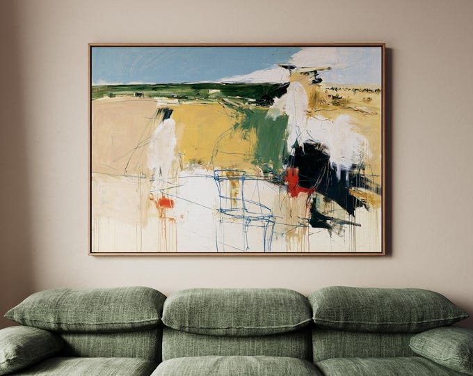 Blue Beige Abstract Wall Art Print, Modern Colorful Painting, Contemporary Canvas Print, Large Neutral Art, Mid Century Modern Decor