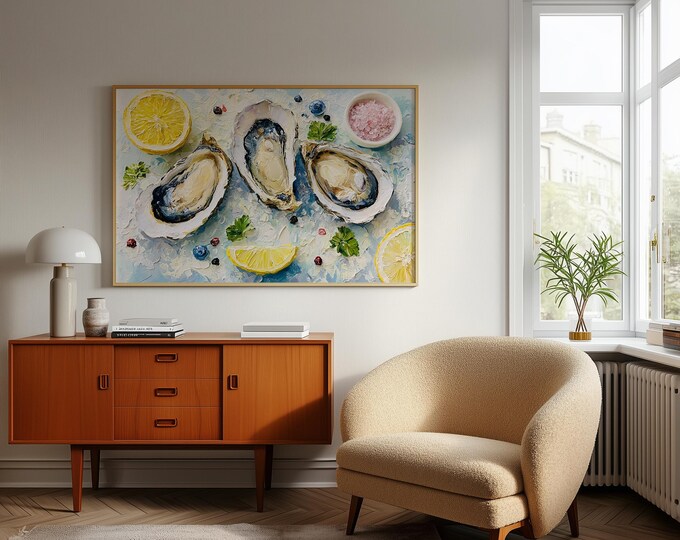 Oyster Wall Art Print, Coastal Kitchen Decor, French Seafood Painting, Lemon & Sea Salt Canvas, Mediterranean Dining Room Wall Art