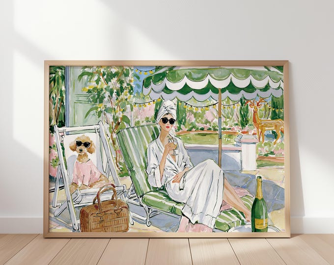 Poolside Fashion Wall Art Print, Chic Summer Resort Watercolor, Elegant Woman & Poodle Painting, Luxury Vacation Home Decor