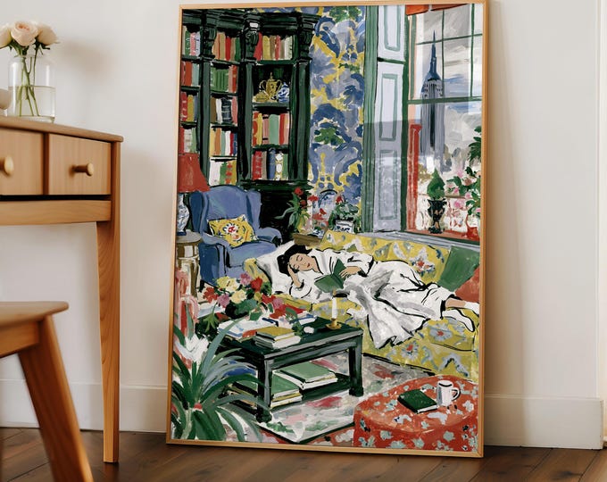 Woman Reading Art, Living Room Print, Grandmillennial Room Decor, Preppy Maximalist Wall Art Print, Cozy Reading Nook, Book Lover Gift