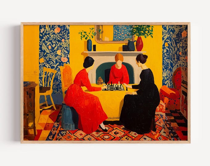Women Playing Chess Painting, Post-Impressionist Art Print, Vintage Style Interior Decor, Yellow Room, Cozy Domestic Scene Wall Art