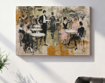 Vintage French Cafe Wall Art, Parisian Bistro Painting, Mid Century Modern Crowd Print, Abstract Outdoor Cafe Poster, Dining Room Decor