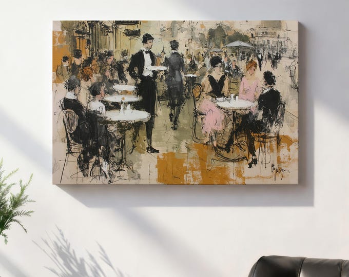 Vintage French Cafe Wall Art, Parisian Bistro Painting, Mid Century Modern Crowd Print, Abstract Outdoor Cafe Poster, Dining Room Decor