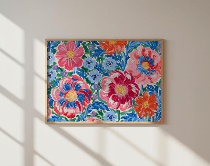 Colorful Floral Wall Art Print, Abstract Flower Painting, Blue Red Botanical Canvas, Maximalist Wall Decor, Cottagecore Flower Art Print