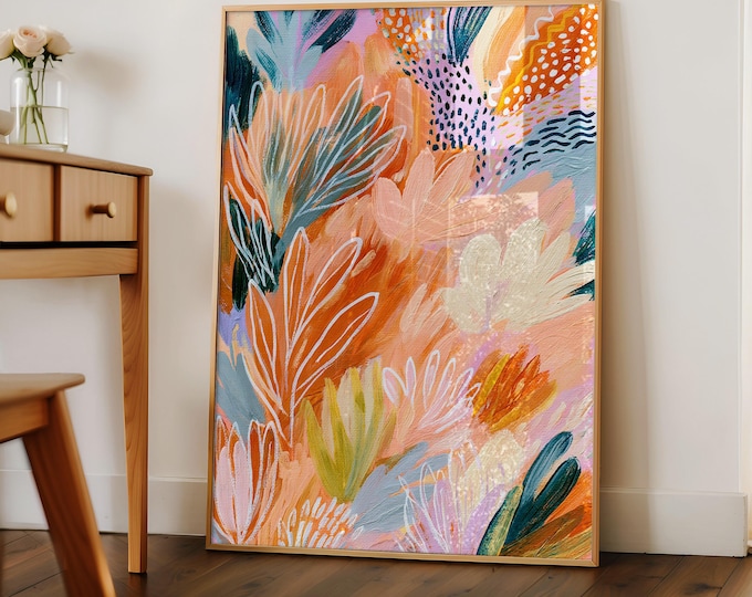 Colorful Abstract Botanical Wall Art Print, Maximalist Eclectic Decor, Vibrant Tropical Jungle Painting, Leopard Print Contemporary Art