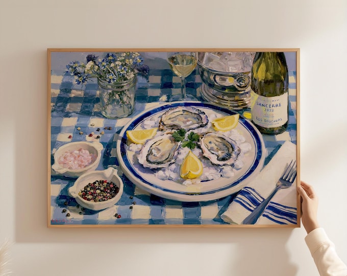 French Oyster Wall Art Print, Coastal Kitchen Decor, Blue Check Table Painting, Seafood Canvas Art, Coastal Dining Room Wall Decor
