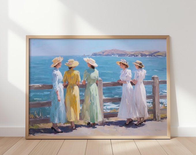 Vintage Coastal Impressionist Wall Art Print, Women by the Sea Framed Wall Art, Ocean View Canvas Decor, Sisterhood Beach Painting