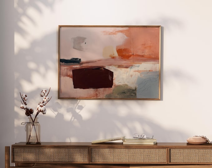Distressed Abstract Landscape Wall Art Print, Dusty Pink Boho Framed Wall Art, Textured Earthy Nature Canvas, Rustic Modern Room Decor