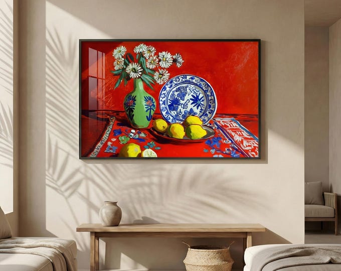 Vibrant Fauvism Still Life Art Print, Red Background, Blue & White Plate, Lemons, Green Vase, Colorful Wall Decor, Home Art Print