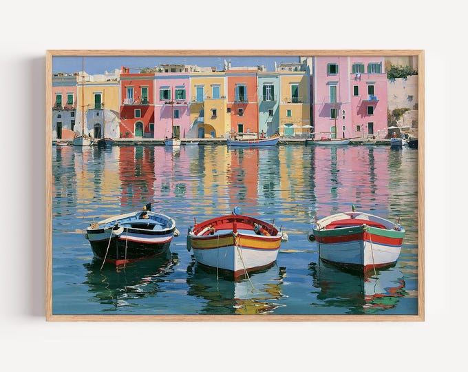 Colorful Mediterranean Village Wall Art Print, Italian Riviera Coastal Decor, Vibrant Rowboat Painting, European Summer Impressionism Art