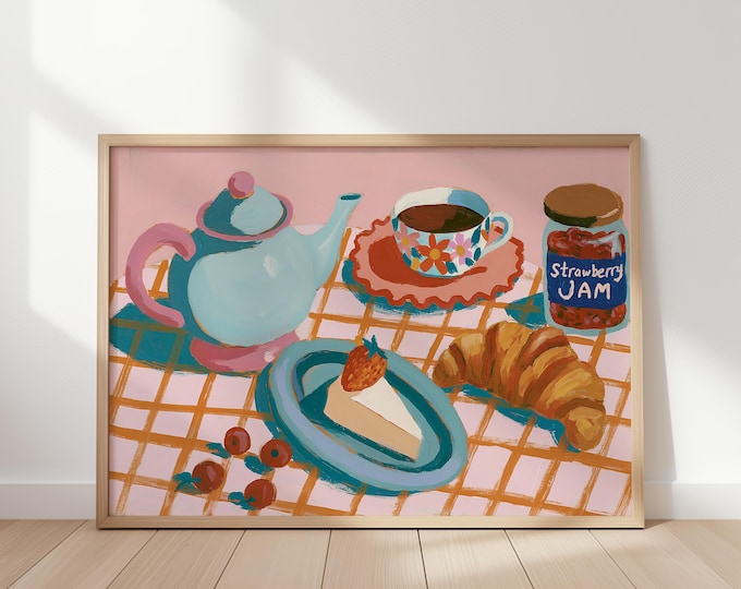 Pink Tea Party Wall Art Print, Cute Kitchen Decor, Coffee & Croissant Still Life Painting, Strawberry Jam Breakfast Art, French Cafe Art