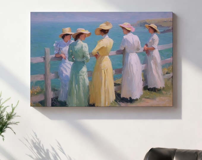 Vintage Coastal Impressionist Wall Art Print, Women by the Sea Framed Wall Art, Ocean View Canvas Decor, Sisterhood Beach Painting