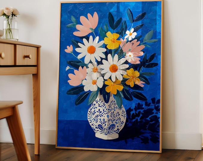 Chinoiserie Floral Oil Painting Print, Blue and White Vase Wall Art, Dark Blue Botanical Framed Canvas, Grandmillennial Decor