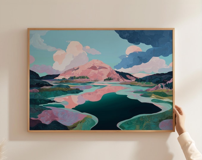 Pastel Abstract Mountain Landscape Wall Art Print, Dreamy Pink Clouds Framed Wall Art, Colorful Surreal Nature Canvas, Modern Boho Decor