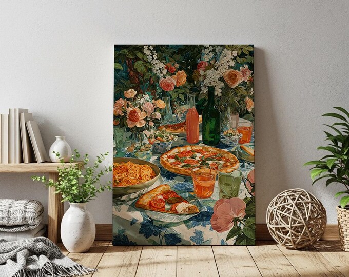 Pizza Pasta Oil Painting Print, Maximalist Kitchen Wall Art, Italian Dinner Print, Colorful Floral Garden Table Decor, Gift for Pizza Lover