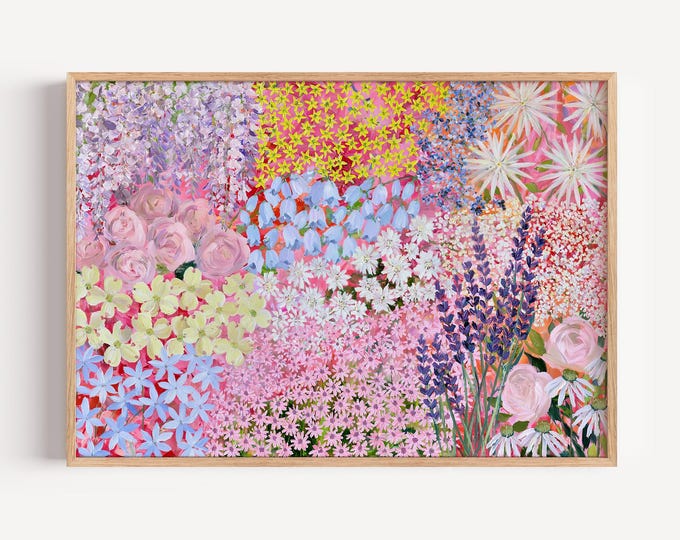 Colorful Floral Wall Art Print, Pastel Flower Garden Painting, Pink Botanical Art, Maximalist Wall Decor, Cottagecore Floral Print