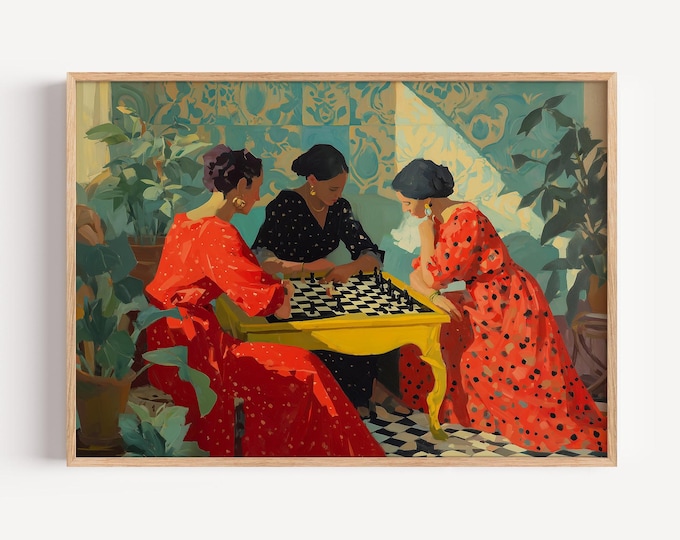 Women Playing Chess Painting, Post-Impressionist Art Print, Vintage Style Interior Decor, Green Room, Cozy Domestic Scene Wall Art