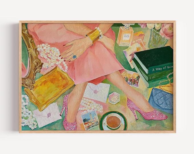 Preppy Wall Art Print, Chic Fashion Illustration, Pink Heels Painting, Feminine Room Decor, Coquette Aesthetic Art, Grandmillennial Decor