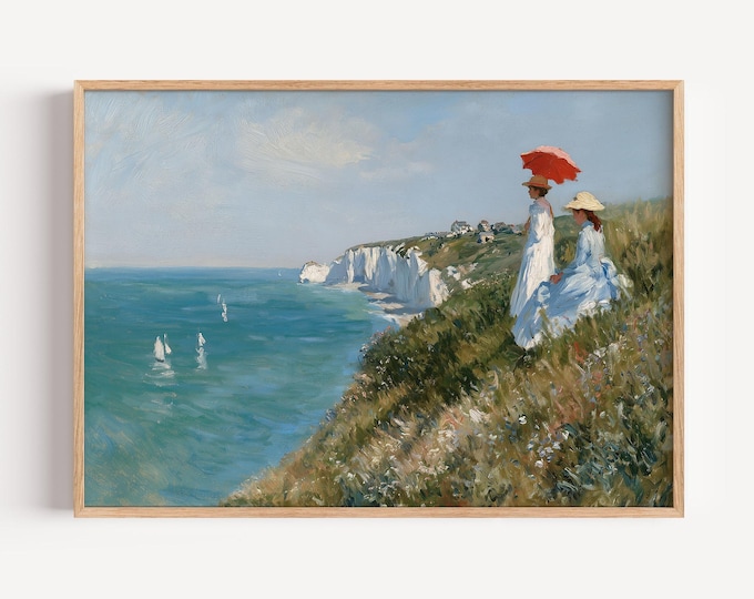 Coastal Women Wall Art Print, Red Umbrella Seaside Painting, Vintage Impressionist Landscape Print, Ocean Cliff Art, Coastal Wall Decor