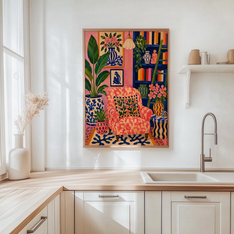 Maximalist Pink Room Oil Painting Print, Colorful Interior Wall Art, Eclectic Preppy Decor, Cozy Reading Nook Framed Canvas image 18