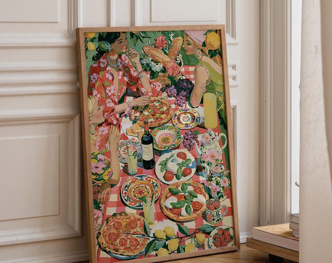 Best Friends Picnic Oil Painting Print, Mediterranean Food Wine Wall Art Print, Dolce Vita Artwork, Preppy Room Decor