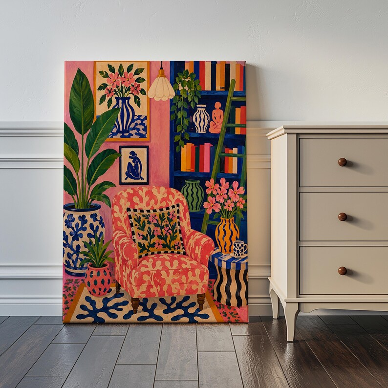 Maximalist Pink Room Oil Painting Print, Colorful Interior Wall Art, Eclectic Preppy Decor, Cozy Reading Nook Framed Canvas image 12