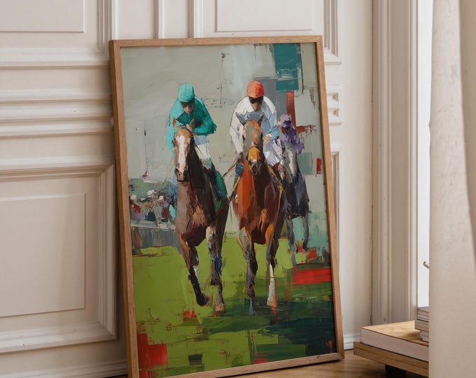 Abstract Horse Racing Wall Art, Modern Equestrian Painting, Colorful Jockey Race Print, Contemporary Sports Artwork