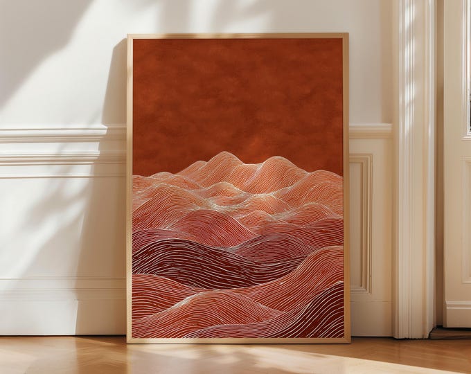 Terracotta Mountain Wall Art Print, Abstract Landscape Canvas, Burnt Orange Line Art Decor, Boho Framed Wall Art, Minimalist Desert Art