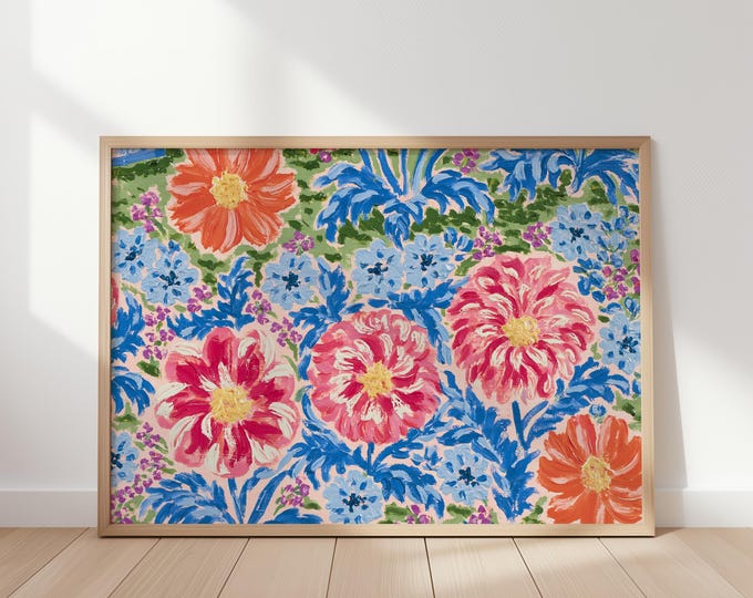 Colorful Floral Wall Art Print, Abstract Flower Painting, Blue Red Botanical Canvas, Maximalist Wall Decor, Cottagecore Flower Art Print