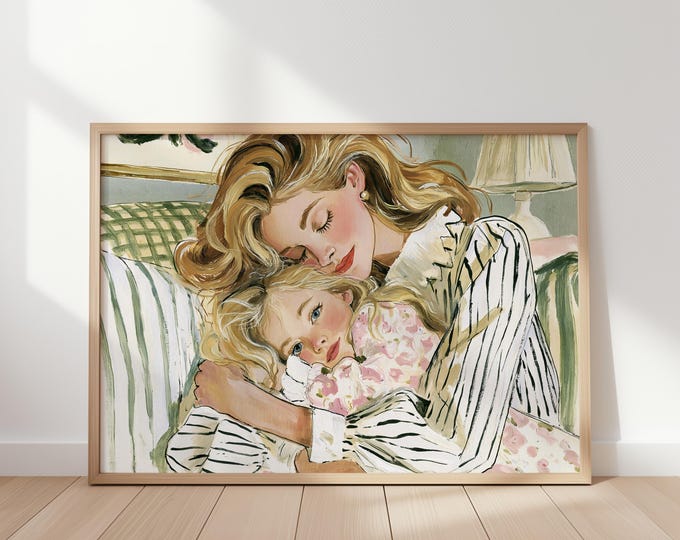 Mother Daughter Wall Art Print, Motherhood Oil Painting, Colorful Figurative Art, Mom & Child Portrait, Family Wall Decor, Mothers Day Gift