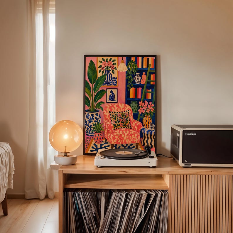 Maximalist Pink Room Oil Painting Print, Colorful Interior Wall Art, Eclectic Preppy Decor, Cozy Reading Nook Framed Canvas image 5