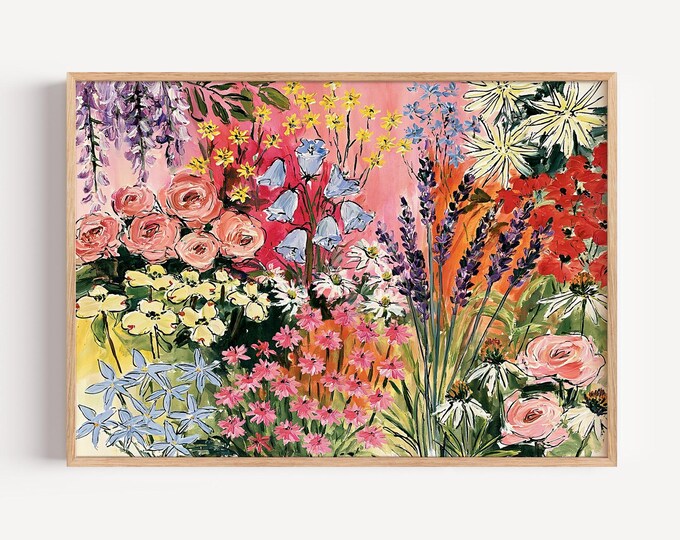 Colorful Floral Wall Art Print, Pastel Flower Garden Painting, Pink Botanical Art, Maximalist Wall Decor, Cottagecore Floral Print