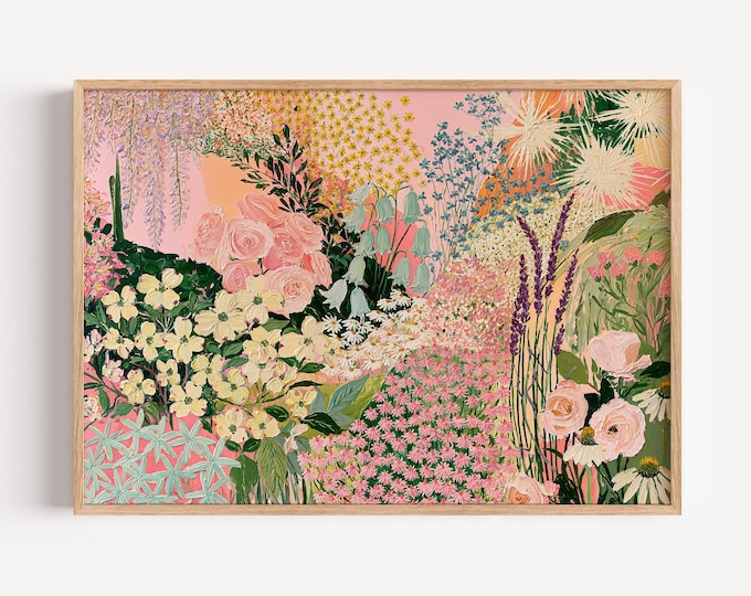 Colorful Floral Wall Art Print, Pastel Flower Garden Painting, Pink Botanical Art, Maximalist Wall Decor, Cottagecore Floral Print