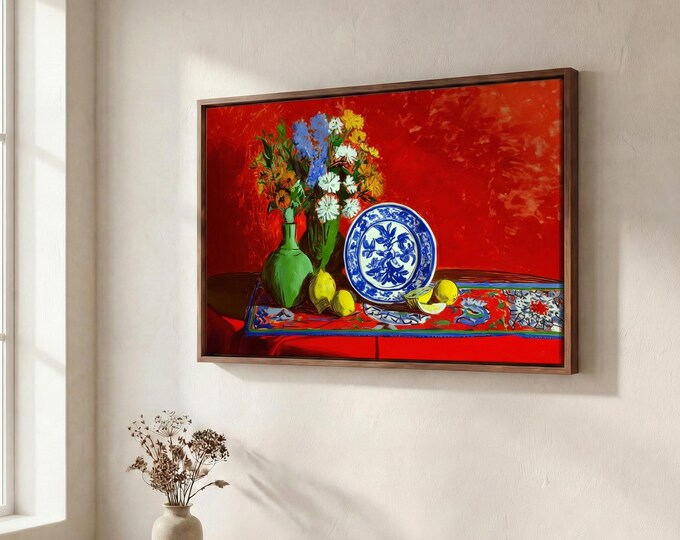 Vibrant Fauvism Still Life Art Print, Red Background, Blue & White Plate, Lemons, Green Vase, Colorful Wall Decor, Home Art Print