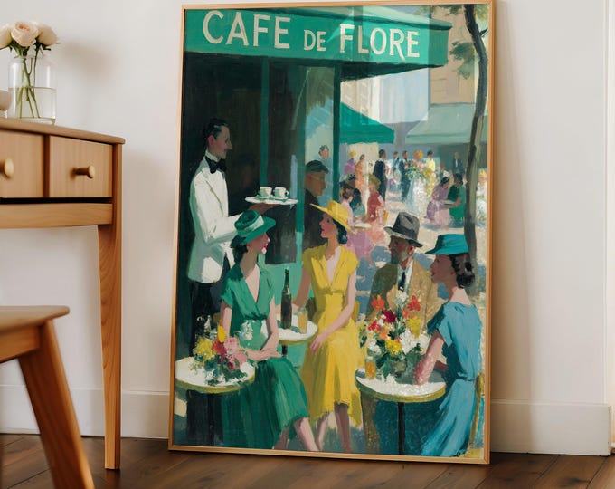 Vintage Paris Café Wall Art Print, French Bistro Painting, Parisian Street Scene Decor, Restaurant Wall Decor, Coffee Shop Artwork