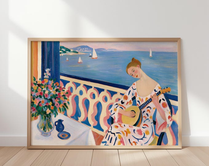 Woman Playing Guitar Wall Art, Mediterranean Coastal Print, Colorful Folk Art, Seaside Woman Painting, Vintage Inspired Decor