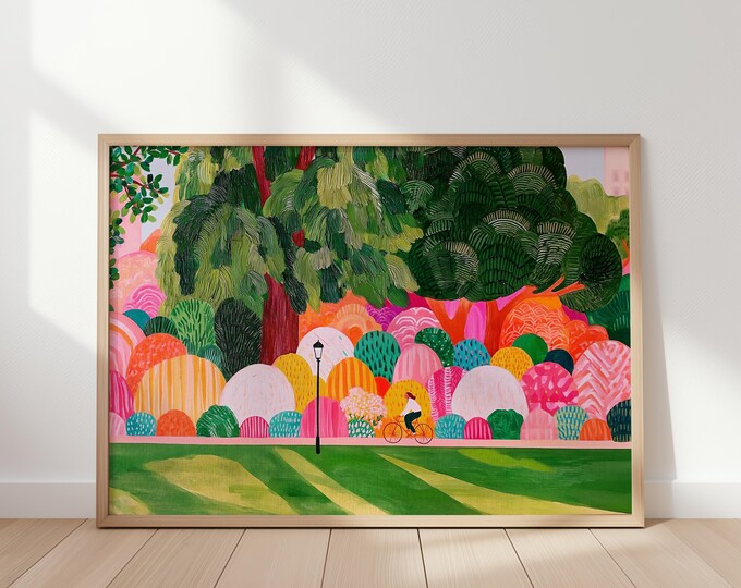 Whimsical Landscape Wall Art Print, Colorful Park Painting, Bicycle Art, Folk Art Landscape, Cottagecore Wall Decor, Nature Print
