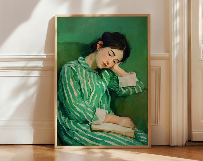 Green Oil Painting Print, Woman Reading Art, Vintage Style Wall Art, Cozy Aesthetic Canvas, Bedroom Decor, Soft Feminine Wall Decor