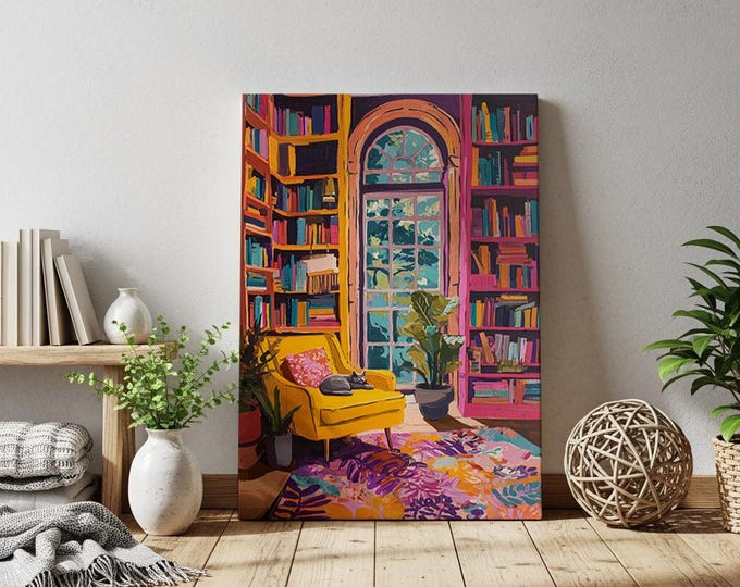 Impressionist Bookshelf Art, Textured Impasto Print, Sunlit Room with Plant Canvas, Colorful Eclectic Decor, Cozy Interior Wall Art