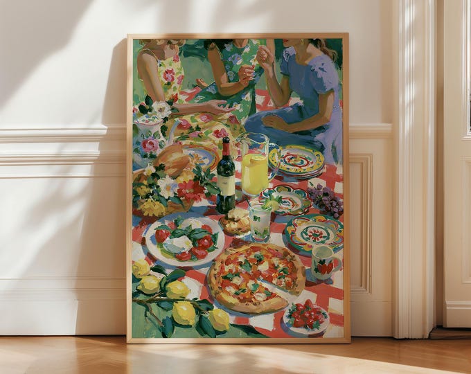 Best Friends Picnic Oil Painting Print, Mediterranean Food Wine Wall Art Print, Dolce Vita Artwork, Preppy Room Decor