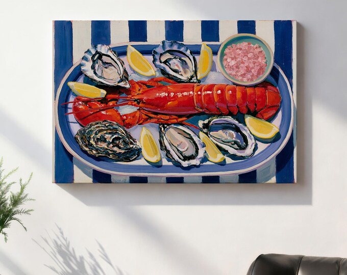 Lobster Wall Art Print, Coastal Kitchen Decor, Oyster Seafood Painting, Blue White Stripe Nautical Wall Art, French Bistro Canvas