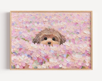 Può includere: Un dipinto a olio incorniciato raffigurante un cucciolo marrone con grandi occhi scuri che spunta da un denso campo di pennellate materiche in stile impasto nei toni del rosa chiaro, lavanda, bianco e pesca, in una cornice di legno chiaro.